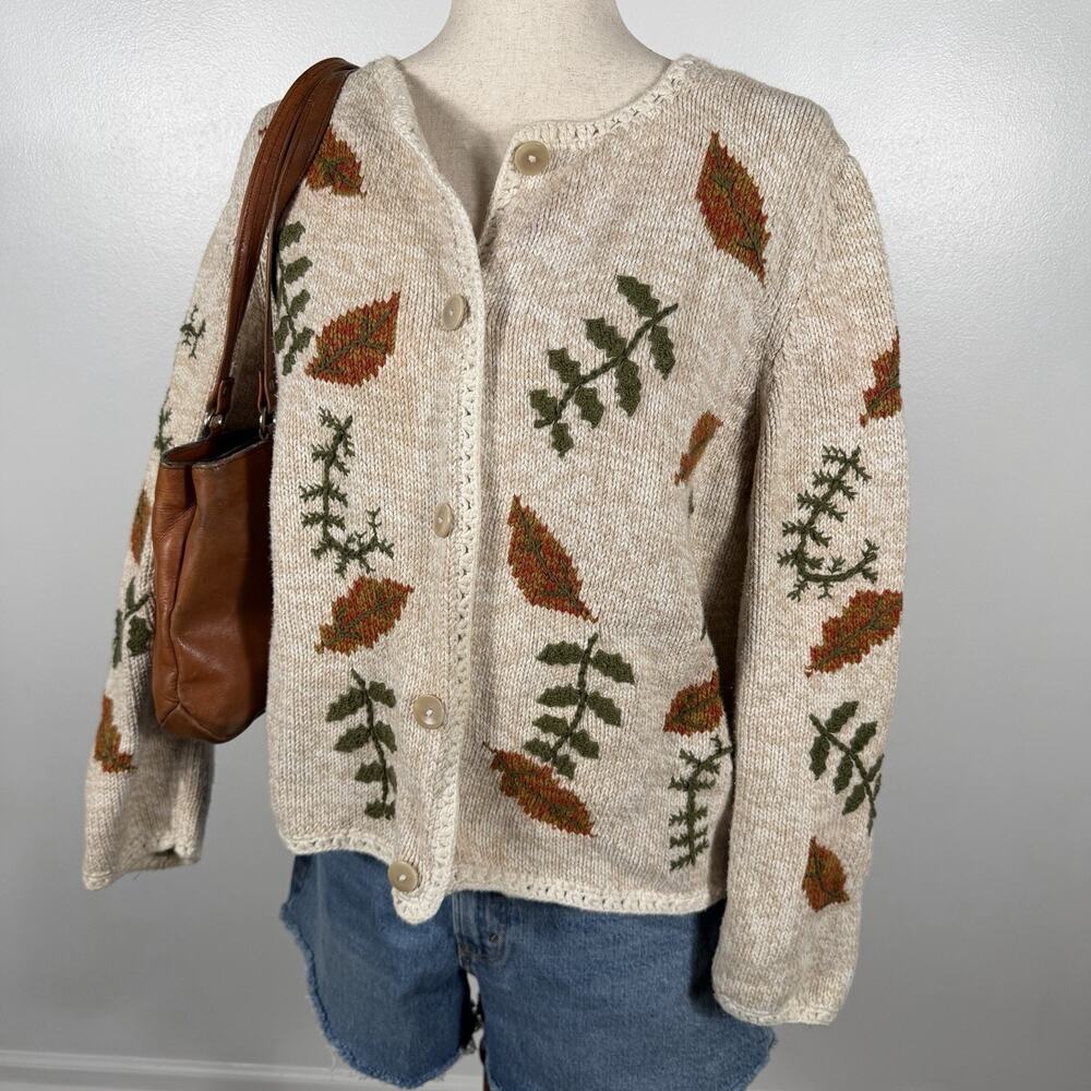 Vintage The Tog Shop Cardigan M Embroidered Fall Leaves Cotton Knit Sweater